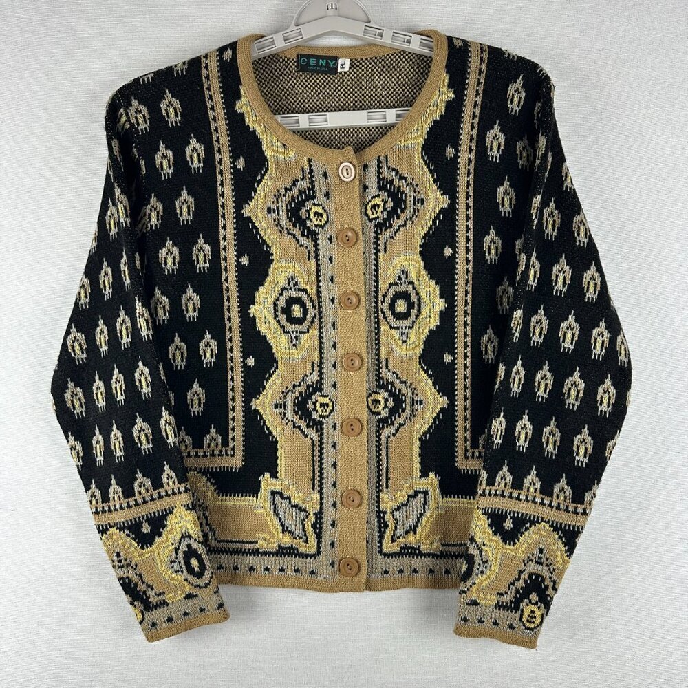 CENY WOMEN'S RUG PRINT ACRYLIC SWEATER LONG SLEEVE BUTTO-UP VINTAGE SIZE S
